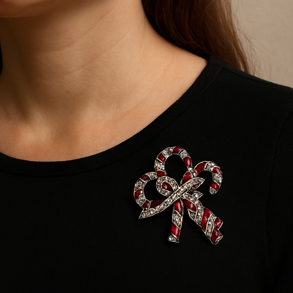 Monet Red and Silver Candy Cane Brooch Vintage Rhinestones 2” long